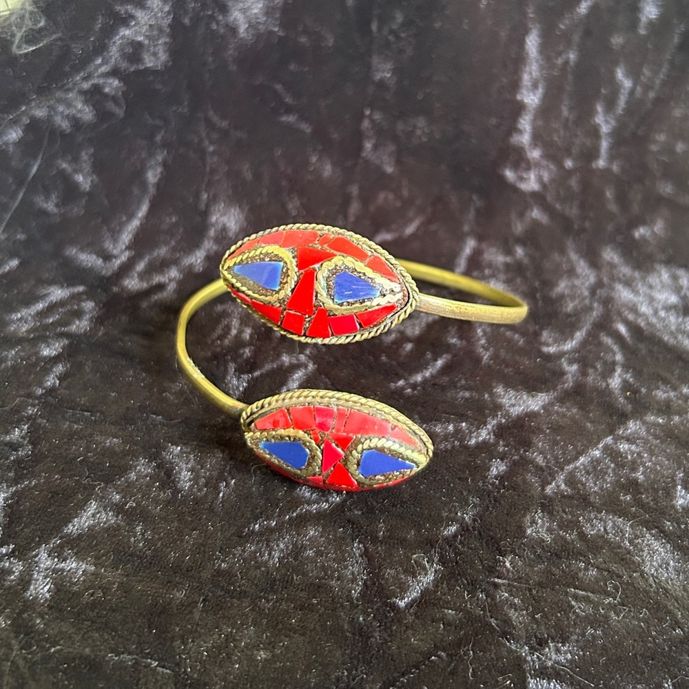 Vintage handmade Tibetan brass bracelet with natural lapis lazuli and coral